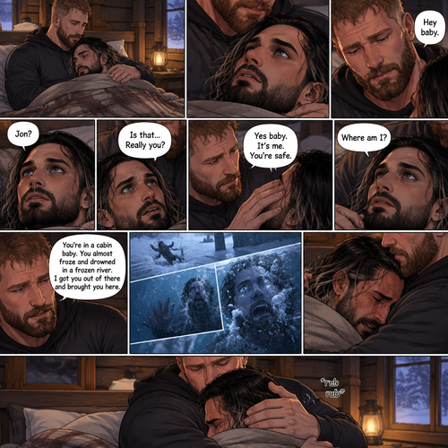 (The monster apocalypse/Moxollins story part 3). The next morning,Seth Rollins was Still unconscious on the bed in the cabin with the blanket wrapped around him to keep him warm. Jon Moxley had been watching over him Still holding him in his arms. Then Seth slowly regained consciousness,The first thing he sees is Jon looking down at him,Then he spoke softly “Jon?”. “Hey baby” Jon said softly. “Is that…Really you?” Seth asked softly. Jon gently stroked Seth’s cheek. “Yes Baby,It’s me,You’re safe” Jon said softly. “Where am I?” Seth asked softly. “You’re in a cabin Baby,You almost froze and drowned in a frozen river,I got you out of there and brought you here” Jon said Softly. The memory of fall through the ice and almost drowning in the freezing water flashed in Seth’s mind. Jon gently hugged him. Then…Seth started crying. Jon gently rubbed his back
