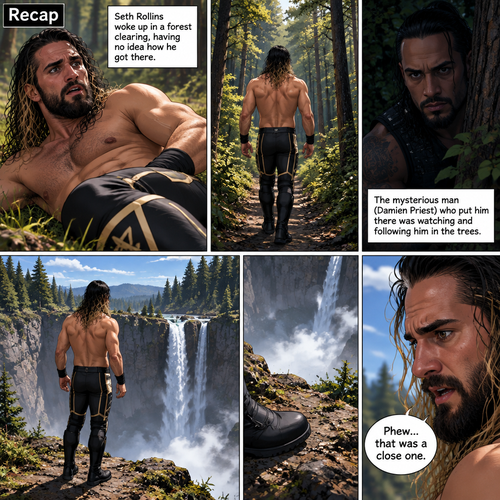 (Recap).Seth Rollins was walking down the path after he woke up In the forest clearing having no idea how he got there.The mysterious man (Damien Priest) who put him there was watching and following him in the trees.(And now part 3). Seth made it to the end of the path,there was a view of the a water fall.He was about to walk closer…but then he realized he’s at an edge of a cliff. “Phew…that was a close one” Seth said to himself