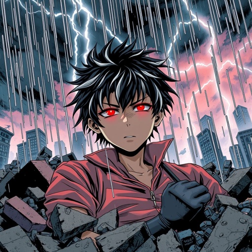 Prompt 1: Akira Awakens  A teenage boy with black hair and silver tips lies on rubble in the rain. His eyes slowly open, glowing red. The sky is dark, lightning in the background, cinematic manga style, dramatic lighting, emotional tone.