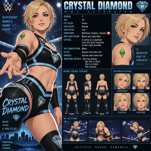 WWE wrestler oc info card Crystal Diamond

Gender:F
Age:29
Eye Color:Green
Hair Color:Blonde
Skin Color:Fair
Hometown:Montreal,Quebec,Canada 
Ring gear Color:Black and light blue
Tattoos:A tattoo of a plumbob from the sims franchise on her right shoulder
Tag team/Faction:None
Allies:Anyone who likes her
Enemies:Anyone who hates her
Additional details:She has autism,Her hair is short,She’s a triplet,She asexual 