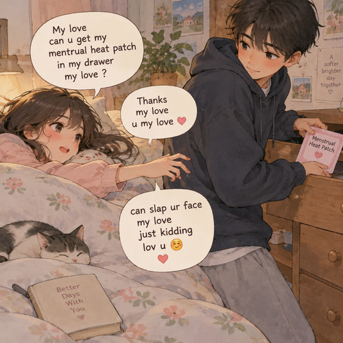 My love can u get my mentrual heat patch in my drawer my love thanks my love u my love can slap ur face my love just kidding lov u🤭