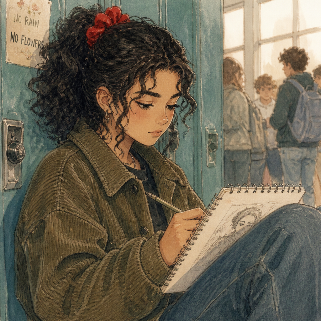Close-up on ISABELLA (16). She has curly dark hair tied back with a bright red scrunchie, wearing an oversized corduroy jacket. She’s leaning against her locker, sketching in a spiral notebook, looking a bit detached from the crowd