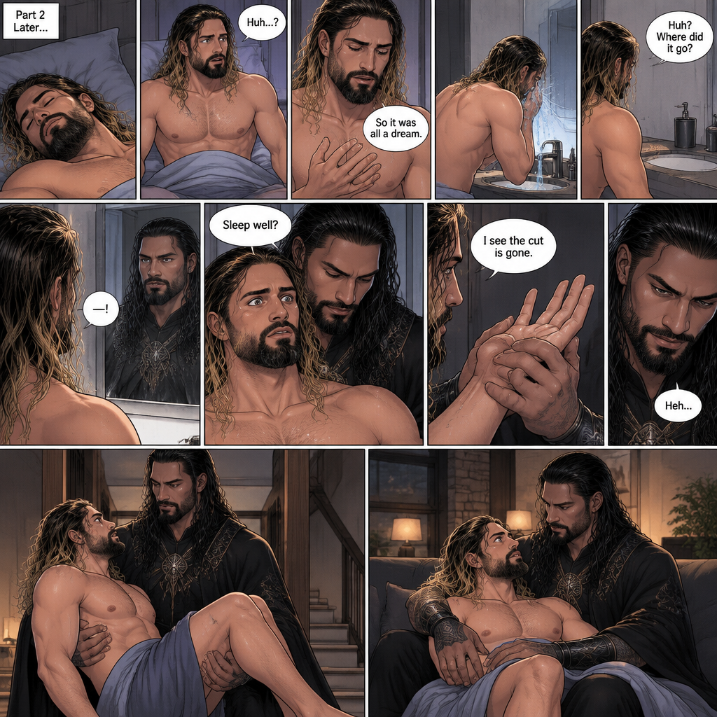 (Recap) Seth Rollins Was walking in the forest near his house,he discovered a statue of a sorcerer (Roman Reigns),he finds a hole on it,then he accidentally cuts his hand,A little bit of his blood dripped in the hole,then it broke apart…revealing the sorcerer himself,Seth was shocked,the sorcerer grabbed Seth’s wrist and pulled him closer,He looked at Seth’s eyes,then he used a spell to make Seth sleep,then he lifted Seth in his arms. (And now part 2). Seth was asleep on his bed,then he woke up. He sat up confused. He looked at his hand…the cut was gone. “So it was all a dream” Seth said to himself. He got up and walked to the bathroom,then he splashed cold water on his face. He reached for his hairbrush….it wasn’t there. “Huh? Where did it go?” Seth asked himself. He looks at the mirror….and sees the sorcerer. Seth gasped. The sorcerer grabs Seth from behind. “Sleep well?” Asked the sorcerer. Seth was too stunned to speak. The sorcerer lifted Seth’s hand to have a look at it. “I see the cut is gone” Said the sorcerer. Seth’s heart was pounding. The sorcerer chuckled a little. He lifted Seth in his arms and walked downstairs to the living room. Then he sat down on the couch and put Seth on his lap. (End of part 2)