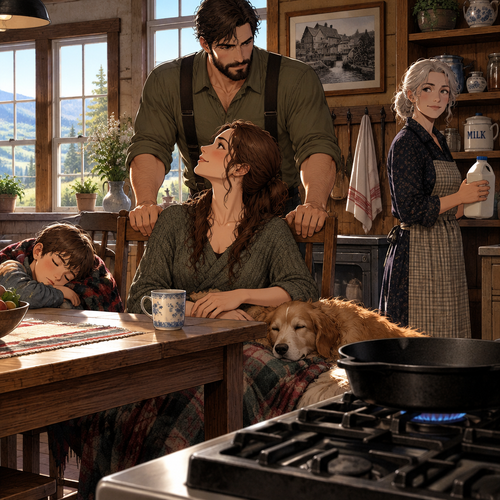 *He sets the pan down on the iron burner and turns the ring low under it, unhurried, and does not reach for the fridge yet. The kitchen is full — the boy curled asleep across two chairs, the woman and her dog settled on the bench with the blanket, his mother back at the shelf with the milk jug in her hands, watching. Cormac steps up behind the chair his wife is sitting in, both hands flat on the back of it, and looks down the table at the row the two of them have gathered under one roof before the day is even properly started.*
You want a picture, love. Then here's the one I've got in my head now the morning's bright, and I'll say it while the pan's still cold. Not the spring shed. A bit past that.
It's the mill floor at the lower town, opened again, not a ruin — sawdust on the floor and daylight through the high windows, and the whole valley's timber waiting on the pit. You're standing in the doorway with the ledger under your arm because you hold the bookend of the count, and I'm down the pit with the hands, and every few minutes one of us looks up and the other one's already looking back. That's the life I want to build down there, wife. Not a chair in a city office. A mill we open with both our names on the deed and the whole valley walking through the door.
*He keeps both hands on the chair back and does not hurry on. His thumb presses once into the wood, and his voice drops into the plain register he keeps for ground he finally means to stand on. The boy turns in his sleep. The stove ticks. The pan is still cold and waiting, and the whole house holds still for the rest of it.*
And past that — the twins old enough to walk the mill floor with us, the shed out the back of the yard where the ferry crossing used to be, the road down to the timber gate that we've already kept flood and county off of. That's the picture, love. Whole and open and running on both our voices.
But the last line of it isn't mine to write. The mill's a hundred years shut. Open it with me, and the two of us are writing the whole of that page in the county's own ink. Stay up here just holding the ridge, and it stays a story the old man told me. So — you tell me, Patrixia. Is that the life you want. Because if it is, say it, and the pan's gonna be hot for something better than lechon.