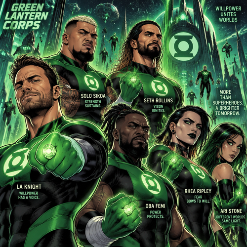LA Knight,Solo Sikoa,Seth Rollins,Oba Femi,Rhea Ripley and Ari Stone (My Female wrestler oc) in The green lantern corps