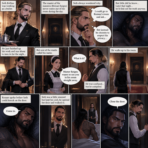 Seth Rollins was working as a butler,The master of the mansion (Roman Reigns) never comes out of his room during the day.Seth always wondered why,He could go to Roman’s room and ask…But instead he chooses to respect his privacy….but little did he know…Later that night…he’d find out the truth anyway.He just finished up his work and was about to turn in for the night…Buy one of the maids called his name. “What is it?” Asked Seth. “Master Reigns wants to see you in his room straight away” Said the maid.He was confused…but he complied.He walks up to his room.Roman spoke before Seth could knock on the door, “Come in”.Seth was a little stunned but kept his cool,He opened the door and walked in.”Close the door” Roman commanded. Seth closed the door.