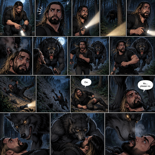 Seth Rollins was lost in the middle of the woods at night,The only this has right now is a backpack and a flashlight.He was about to take a break…then he heard something stepping on a twig.He looked around for the source pointing his flashlight,Then he heard something moving in the woods,He was looking frantically.He was about to give up….then he felt something breathing on him,his heart was beating loudly,He turned around slowly while pointing his flashlight…it was….A werewolf!!.Seth Yelled in fear and ran.The werewolf chased after him,It was gaining on Seth…but he wasn’t about to give up now..so he kept running.Seth was still running….then he tripped and rolled down a steep hill,He sprained his ankle on the way down…and then he hit his head at the bottom of the hill. “Ow” said Seth.He rolled on his back,His head and his ankle were hurting.The werewolf caught up to him. “No…please no” said Seth. The werewolf slowly walked up to him,Then it slowly got on top of him.he braced himself,He thought the werewolf was gonna eat him….But….it didn’t happen…instead…the werewolf leaned forward and sniffed him