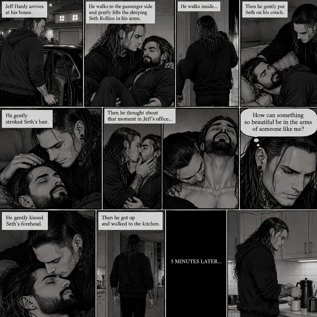 (Part 5 of the Vampire x human story) Jeff Hardy arrives at his house. He walks to the passenger side and gently lifts the sleeping Seth Rollins in his arms. He walks inside,Then he gently put Seth on his couch. He gently stroked Seth’s hair. Then he thought about that moment in Jeff’s office,The kiss and himself sinking his fangs into Seth’s neck. “How can something so beautiful be in the arms of someone like me?” Jeff asked himself. He gently kissed Seth’s forehead,Then he got up and walked to the kitchen. 5 minutes later