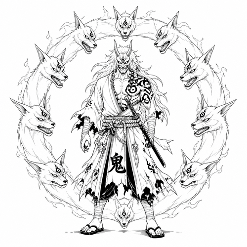 Oni Nine tailed fox oni circle behind him . Full body medium level to trace