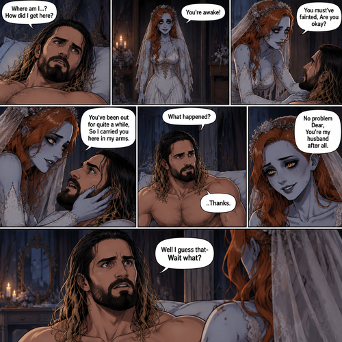 (Part 3 of the corpse bride,Seth x Becky style). Still in the strange bedroom,Seth Rollins was still confused as to how he got there after he woke up. Then the undead woman in a wedding dress (Becky Lynch) walks in. “You’re awake!” Said the undead Bride. She walked towards the bed. “You must’ve fainted,Are you okay?” The undead Bride asked. She gently placed her hand on his cheek. “What happened?” Seth asked. “You’ve been out for quite a while,So I carried you here in my arms” Said the undead bride. Seth slowly sat up. “..Thanks” Said Seth “No problem Dear,You’re my husband after all” Said the undead bride. “Well I guess that-Wait what?” Said Seth