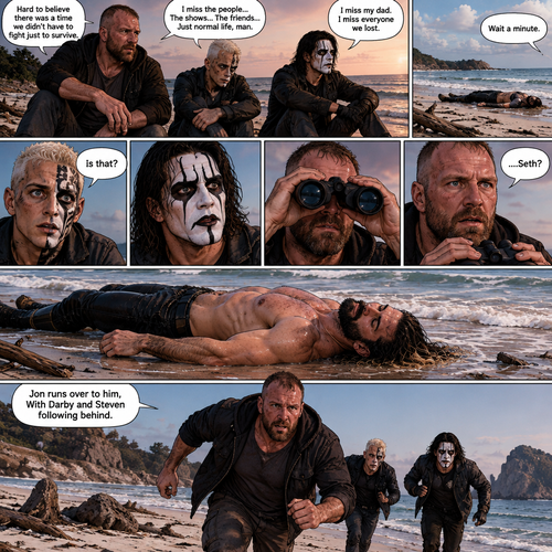 Part 2 of the apocalypse story.Jon Moxley,Darby Allin and Steven Borden (Sting’s son) were on a beach reminiscing about the time before the apocalypse and the people they missed.Then they noticed an unconscious person washed up on shore.Then They made a realization. “Wait a minute” said Darby. “Is that?” Asked Steven. Jon slowly lowered his binoculars,Eyes widened in shock.He couldn’t believe it. “….Seth?” Said Jon. That’s right! It was Seth Rollins!. Jon runs over to him,With Darby and Steven following behind