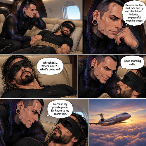 (Previously) The nefarious Jeff Hardy carried the unconscious Seth Rollins (a secret agent) to his private plane after arriving at the airstrip,he put him down on the sofa in the plane,He tied Seth’s wrists and ankles with Rope,Then he blindfolded him,The plane took off,Jeff gently stroked Seth’s head the whispered “We’ll be together soon Cutie,You just don’t know it yet”,Then he gently kissed Seth’s forehead. (And now part 3). Hours have passed,Seth was still unconscious. Jeff was looking at him. “Despite the fact that He’s tied up and blindfolded…he looks…so peaceful when he sleeps” Jeff thought to himself. Then…Seth slowly regained consciousness. “Good morning cutie” Said Jeff. Seth was confused. “Wh-What?…Where am I?…What’s going on?” Seth asked. “You’re in my private plane,En Route to my secret lair” Said Jeff