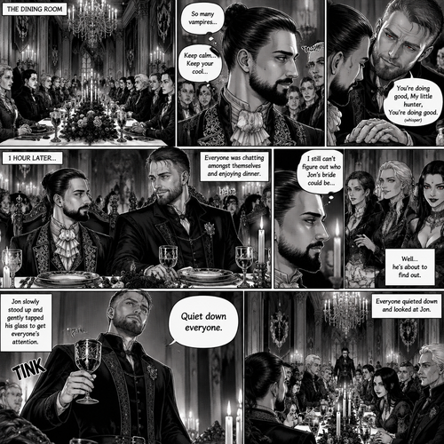 (Recap) Seth Rollins (The vampire hunter) was in a royal bedroom lost in thought,The maids knocked on the door and said “Greetings Hunter,Our King has asked us to help you get ready for the feast”,One of the maids brushed Seth’s hair and put it in a neat bun while the other maids get his fancy outfit ready,Seth puts the fancy outfit on,they left the room,Jon Moxley (the vampire king was waiting for them at the bottom of the stairs,Jon thought Seth looked perfect,He dismissed the maids,gently took Seth’s hand and walked to the dining room. (And now part 4). They made it to the dining room,there were other vampires there. Seth was a little nervous but he kept his cool. Jon and Seth took their seats,Jon’s seat was at the head of the table and Seth’s seat was right beside Jon’s. The vampires were staring at Seth,He’s a little nervous. Sensing that Seth was nervous Jon gently rubbed Seth’s hand with his thumb. “You’re doing good,My little hunter,You’re doing good” Jon whispered to Seth. Seth relaxed a little. 1 hour had passed,everyone was chatting amongst themselves and enjoying dinner. Seth couldn’t figure out who Jon’s bride could be…well….he’s about to find out. Jon slowly stood up and gently tapped his glass to get everyone attention. “Quiet down everyone” Said Jon. Everyone quieted down and looked at Jon