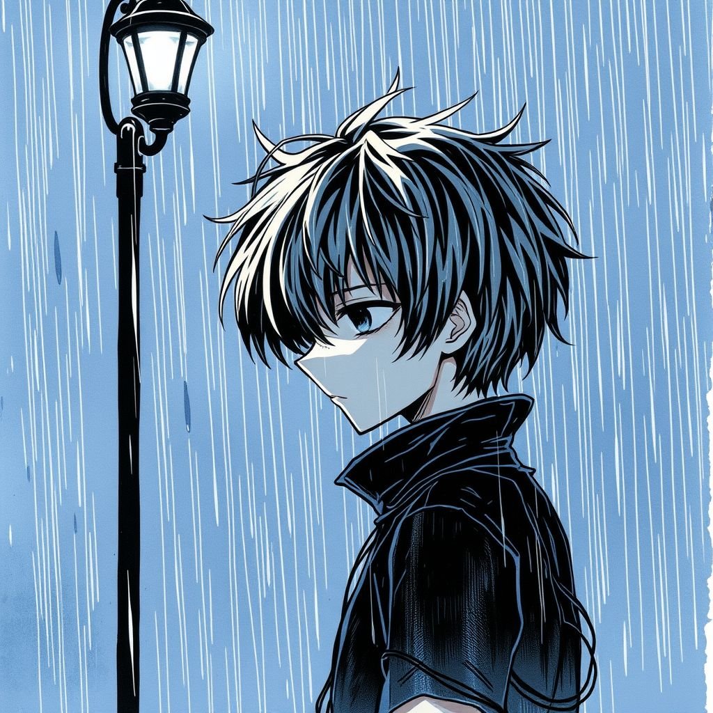 Dark Sad lonely boy in the rain