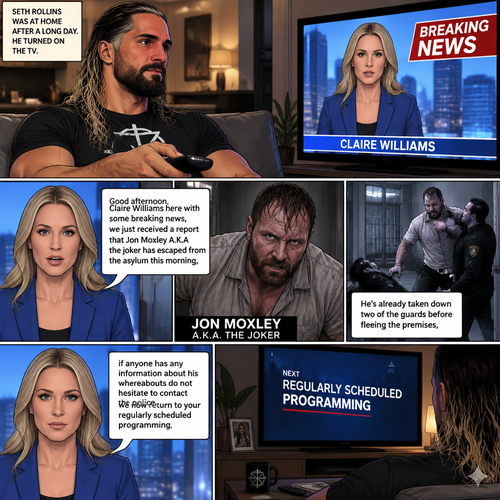 Seth Rollins was at home after a long day. He turned on the tv,A news report came on. “Good afternoon,Claire Williams here with some breaking news,we just received a report that Jon Moxley A.K.A the joker has escaped from the asylum this morning,He’s already taken down two of the guards before fleeing the premises,if anyone has any information about his whereabouts do not hesitate to contact the police,we now return to your regularly scheduled programming” said the reporter. The news report ends
