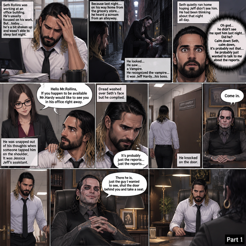 Seth Rollins was working at an office building. He’s usually focused on his work,But…today….he’s a bit shaken up and wasn’t able to sleep last night. Because last night….on his way home from the grocery store…he heard a scream from an alleyway. He looked…He saw….a Vampire. He recognized the vampire…it was Jeff Hardy…his boss. Seth quietly ran home hoping Jeff didn’t see him. He had been thinking about that night all day. He was snapped out of his thoughts when someone tapped him on the shoulder,It was Jessica Jeff’s assistant. “Hello Mr.Rollins,If you happen to be available Mr.Hardy would like to see you in his office right away” said Jessica. Dread washed over Seth’s face but he complied. “Oh god…he didn’t see me spot him last night…Did he?,Calm down Seth,calm down,it’s probably not that…he probably just wanted to talk to me about the reports” Seth though. He knocked on the door. “Come in” said Jeff. Seth opened the door. “There he is,just the guy I wanted to see,shut the door behind you and take a seat” said Jeff. Seth closed behind him and took a seat. (End of part 1)