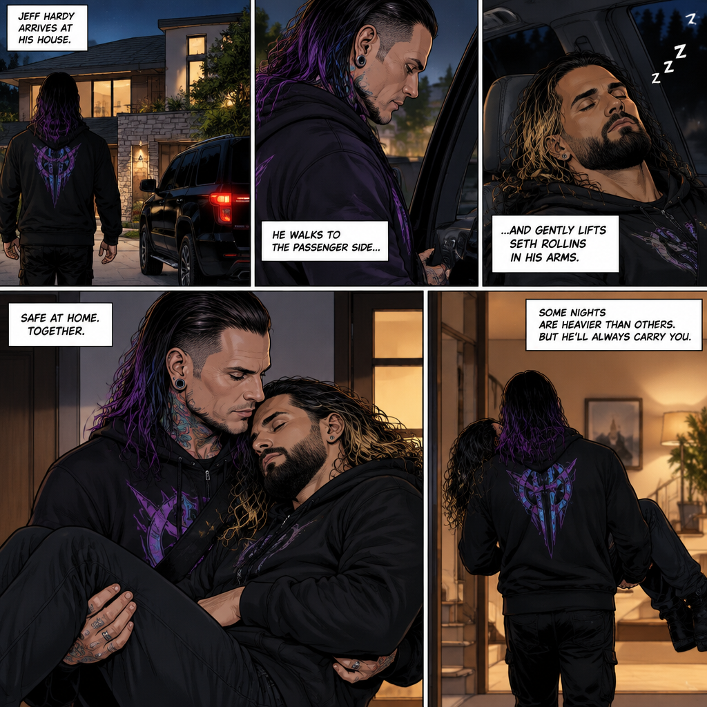 (Part 5 of the Vampire x human story) Jeff Hardy arrives at his house. He walks to the passenger side and gently lifts the sleeping Seth Rollins in his arms