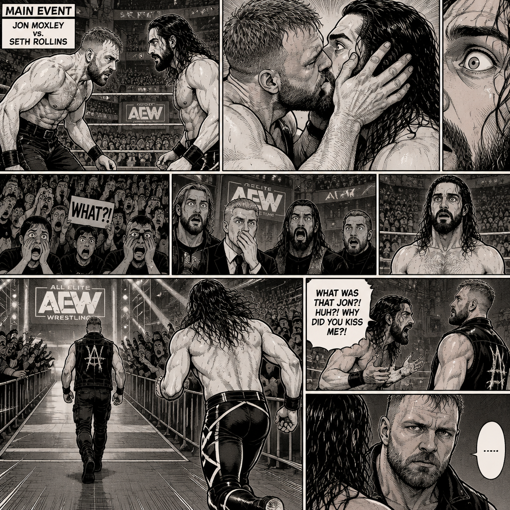 Jon Moxley and Seth Rollins were in a match against each other. It’s the main event. It seemed like it was gonna go on for a while…but then….something unexpected happened. Jon cupped his hands on Seth’s face….pulled him in…and kissed him. Seth’s eyes widened,The fans went crazy with shock,even some of the superstars that were watching were shocked. Jon then pulled away. Seth just stood there stunned. Jon didn’t say a word,he walked out of the ring and walked up the ramp. Seth eventually snapped out of it and left the ring to run to Jon. He managed to catch up to him. “What was that Jon?! Huh?! Why did you kiss me?!” Seth asked. Jon stopped walking and looked at Seth,He still didn’t say a word