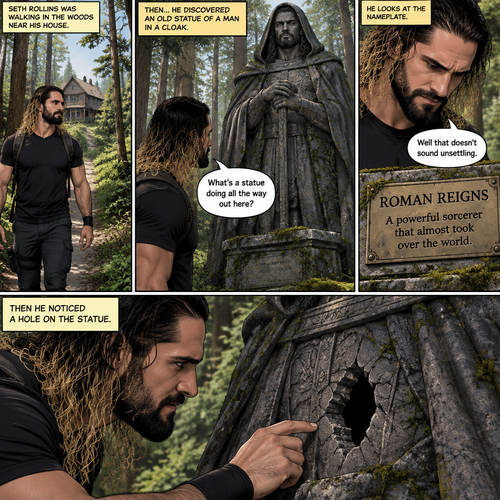 Seth Rollins was walking in the woods near his house,Then…he discovered an old statue Of a man in a cloak (Roman Reigns). “What’s a statue doing all the way out here?” Seth asked himself. He looks at the nameplate “Roman Reigns,A powerful sorcerer that almost took over the world”. “Well that doesn’t sound unsettling” Seth said to himself sarcastically. Then he noticed a hole on the statue