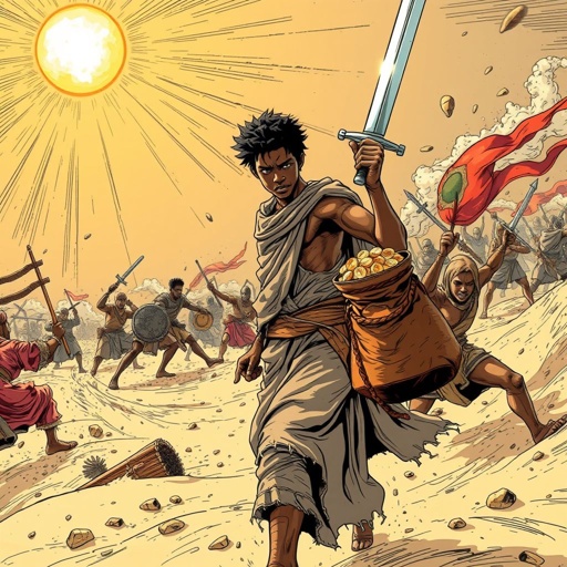 A lonely African young man with a bag of money and a sword standing in the middle of a desert with people fighting each other 
