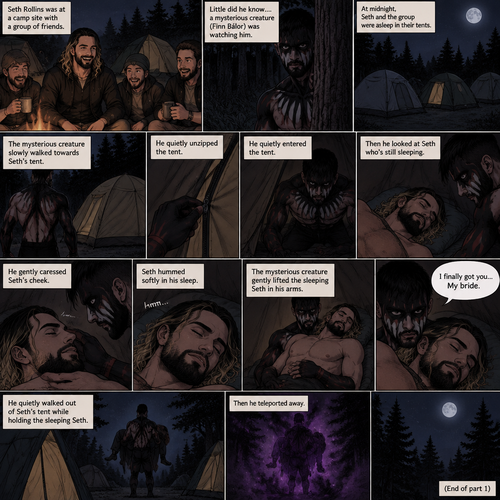Seth Rollins was at a camp site with a group of friends,Little did he know….a mysterious creature (Finn Bálor) was watching him. At midnight,Seth and the group were asleep in their tents. The mysterious creature slowly walked towards Seth’s tent,He quietly unzipped the tent. He quietly entered the tent,Then he looked at Seth who’s still sleeping. He gently caressed Seth’s cheek. Seth hummed Softly in his sleep. The mysterious creature gently lifted the sleeping Seth in his arms. “I finally got you…My bride” The mysterious creature whispered. He quietly walked out of Seth’s tent while holding the sleeping Seth,then he teleported away. (End of part 1)