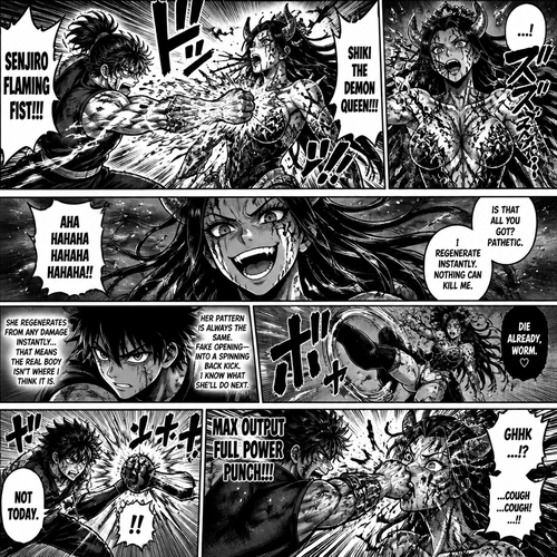  Senjiro hits shiki the Demon queen with a flaming fist through her heart but she regenerates she starts laughing straight after until ki predicts her next move and blocks her kick and hits her with a full power punch to the face she actually feels that punched to the face and coughs up blood for the first time in her life
