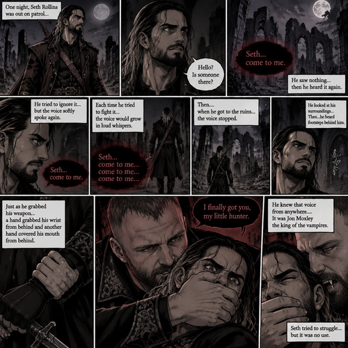 Seth Rollins is a vampire hunter,One night he was out on patrol…then….he heard someone…softly call out his name. “Hello?,Is someone there?” Seth called out. He saw nothing….then he heard it again,He tried to ignore it…but the voice softly spoke again “Seth…come to me”. He couldn’t ignore it anymore,he followed the voice. Each time he tried to fight it…the voice would grow in loud whispers,Then….when he got to the ruins…the voice stopped. He looked at his surroundings,Then…he heard footsteps behind him. Just as he grabbed his weapon…a hand grabbed his wrist from behind and another hand covered his mouth from behind. The voice whispered in his ear “I finally got you,my little hunter”. He knew that voice from anywhere….It was Jon Moxley the king of the vampires. Seth tried to struggle…but it was no use