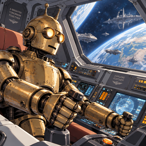 An antique metal robot flying a spacecraft