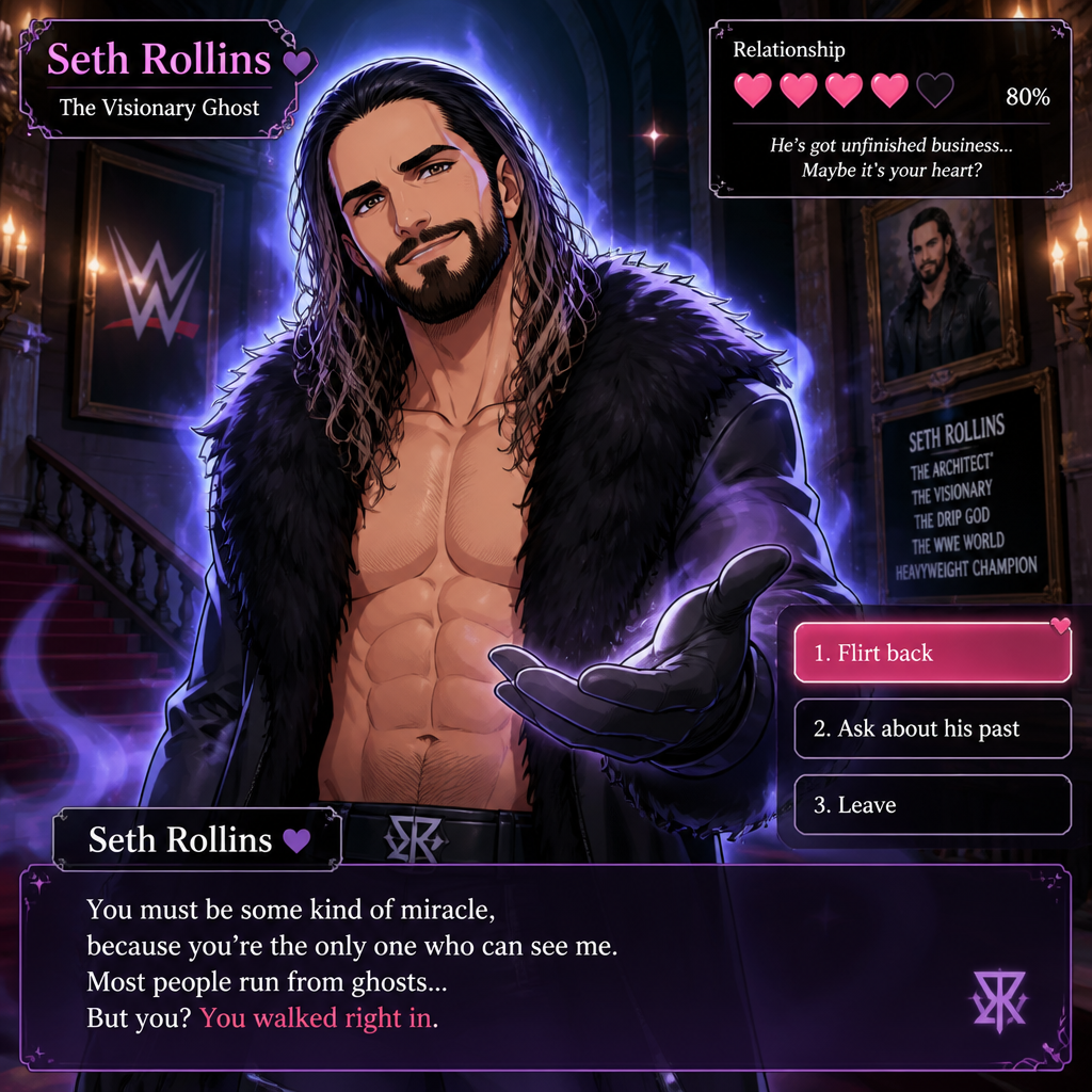 WWE superstar Seth Rollins as a ghost in a dating sim game