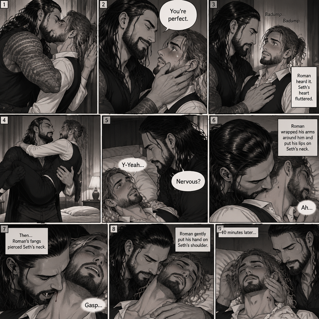 Part 3 of the Vampire x Butler story.Sill in the bedroom of the man of the house (Roman Reigns). He was kissing the Butler (Seth Rollins) against the wall. He smiled at Seth afterwards. Seth was flustered.Roman gently put his hand on Seth’s cheek. “You’re perfect” Roman said softly.Seth’s heart fluttered.Roman heard it,He gently placed his other hand on Seth’s chest to feel the heartbeat.After a while he lifted Seth into his arms.He walked to the bed and gently put Seth down on the bed.Seth looked up at Roman nervously. “Nervous?” Asked Roman. “Y-Yeah” Said Seth.Roman leaned forward towards Seth’s neck.He then wrapped his arms around him in his embrace.He put his lips on Seth’s neck.Seth’s breath hitched a little,Then….Roman’s fangs pierced Seth’s neck.Seth gasped softly.Roman Gently put his hand on Seth’s shoulder. After 10 minutes