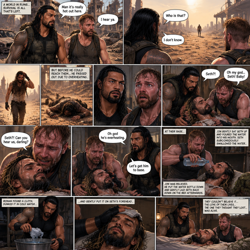 It’s a post apocalyptic world,Roman Reigns and Jon Moxley were side by side surviving the apocalypse together.They fought Bandits and raiders and scavenged for supplies.One day it was really hot outside. “Man it’s really hot out here” Said Roman. “I hear ya” Said Jon.They were about to head back to their base…then they see a person in the distance,He looked like he was overheating. “Who is that?” Asked Jon “I don’t know” said Roman.The person must’ve saw them because he began to walk towards them,but before he got closer to them he passed out due to overheating.Roman and Jon looked at each other,and then walked towards the unconscious man.when they got closer…they recognized him,They shocked…they ran towards him….It was Seth Rollins.Jon had tears in his eyes. “Oh my god,Seth! Baby!” Said Jon as he pulled Seth in his embrace. “Seth?! Can you hear us,darling?” Said Roman.Seth’s breathing was a bit shallow. “Oh god he’s overheating” Said Jon. “Let’s get him to base” said Roman.They carried him to their base.They put him on the bed,Roman went to go find a cloth while Jon went to go get a bottle of water.Jon quickly came back with a bottle of water,He gently sat Seth’s unconscious body up and poured the water into Seth’s mouth.Seth subconsciously swallowed the water,Jon was relieved,He Put the water bottle down and gently laid Seth back down on the bed afterwards.Roman found a cloth,Dunked it in cold water and gently put it on Seth’s forehead.They couldn’t believe it…The love of their lives…the one they thought they lost…was alive. End of part 1
