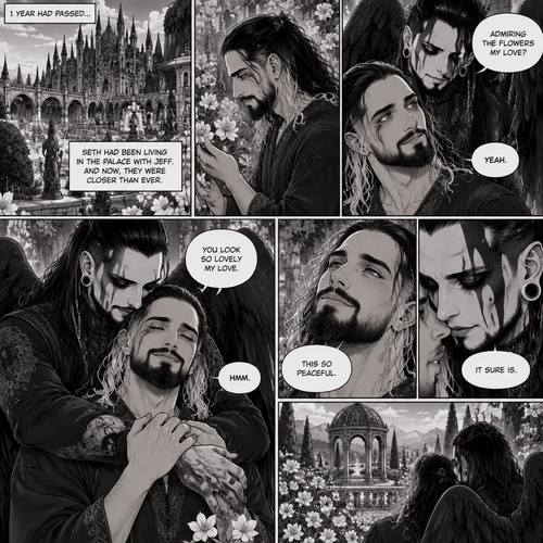 (Part 4 of the dark angel X human story). 1 year had passed,Jeff Hardy (The dark angel king) and Seth Rollins are more closer than ever. Seth had been living in the palace with Jeff. One day Seth was in the garden. Jeff walked behind him. “Admiring the flowers my love?” Jeff asked. Seth smiled softly. “Yeah” Seth said softly. Jeff gently pulled Seth in his embrace. “You look so lovely my love” Jeff said softly. Seth hummed softly. “This so peaceful” Seth said softly. “It sure is” Jeff said softly 