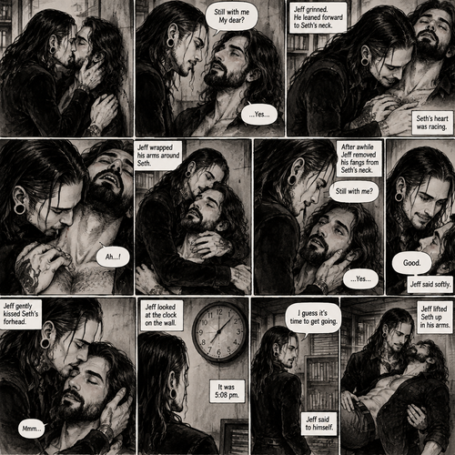 (Part 4 of the Vampire x human story). Still in Jeff Hardy’s office. Jeff was still Kissing Seth Rollins against the wall. After about a minute,Jeff pulled away. Jeff whispered in Seth’s ear “Still with me My dear?” Jeff asked softly. “…Yes…” Seth said softly. Jeff grinned. He leaned forward to Seth’s neck. Seth’s heart was racing. Jeff placed his hand on Seth’s chest to feel his heartbeat again. Seth gasped softly. Jeff gently pierced his fangs into Seth’s neck. Seth yelped softly. Jeff wrapped his arms around Seth. After awhile Jeff removed his fangs from Seth’s neck. Seth was breathing softly. Jeff gently placed his hand on Seth’s cheek. “Still with me?” Jeff asked softly. Seth looked up at Jeff while trying to keep his eyes open. “…Yes…” Seth said softly. Jeff smiled. “Good” Jeff said softly. Jeff gently kissed Seth’s forehead. Seth hummed softly. Jeff looked at the clock on the wall,it was 5:08 pm. “I guess it’s time to get going” Jeff said to himself. Jeff lifted Seth up in his arms