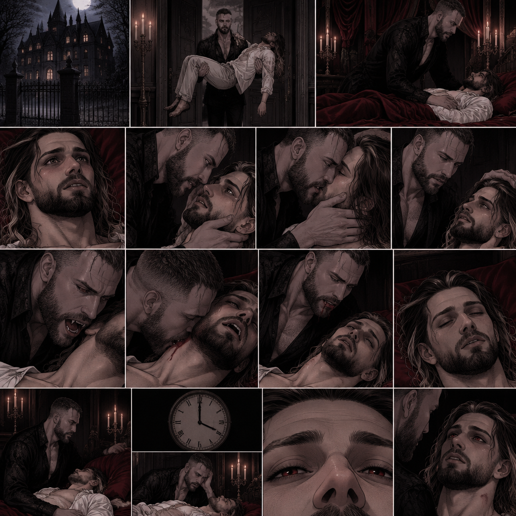 There’s a Dark Vampiric mansion in the woods,Inside there’s a dark Vampiric chamber.The door opens,A vampire (Jon Moxley) walks in carrying his human lover (Seth Rollins).Jon Gently puts Seth on the bed.Seth looked up at him.Seth was very nervous and excited,Because tonight…is his last night as a human,Tonight…Jon was going to turn Seth into a vampire.Jon caresses Seth’s cheek lovingly,then he gently kisses him.After he pulls away Jon brushed Seth’s hair off his face.He leaned towards Seth’s neck,His fangs come out,Then…his fangs pierce Seth’s neck.Seth gasped softly.After he was finished Jon pulled away from Seth’s neck.Seth opened his eyes and looked up at Jon.After the exchange and the painful process was done Seth slipped into unconsciousness.15 minutes passed,Seth was still unconscious,Jon hadn’t left his side.Then…Seth’s eyes opened slowly