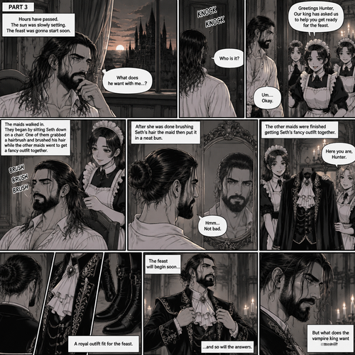 (Recap) Seth Rollins (The vampire hunter) woke up in a Royal bedroom,He finds a note on a nightstand that says “My little hunter,If you are reading this that means you’re awake,I had go out to do my royal duties,In case you’re wondering where you are,you’re in my castle completely safe,I bet you’re wondering why I took you here,I will explain everything soon,There’s going to be a royal feast tonight where I will announce who my bride is,I wish for you to be there,See you tonight my dear, Love Jon”,Then he walked to a mirror and gently traced the bite mark on his neck and wondered what the vampire king (Jon Moxley) wanted with him. (And now part 3). Hours have passed,the sun was slowly setting,The feast was gonna start soon. Seth was lost in thought,Then there was a knock on the door. He got up and opened it,The palace maids were there. “Greetings Hunter,Our king has asked us to help you get ready for the feast” said one of the maids. “Um….Okay” Said Seth. The maids walked in,They began by sitting Seth down on a chair,One of them grabbed a hairbrush and brushed his hair while the other maids went to get a fancy outfit together. After she was done brushing Seth’s hair the maid then put it in a neat bun. Seth looked in the mirror. The other maids were finished Getting Seth’s fancy outfit together