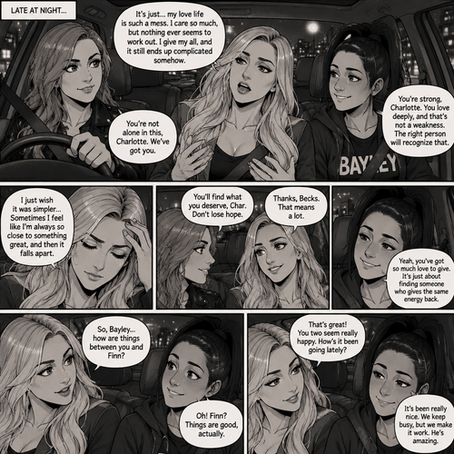 It was late at night,Becky Lynch Was in a car with Charlotte Flair and Bayley. They were driving to Becky’s house. Charlotte was talking about her complicated love life. Becky and Bayley were giving her words of comfort and support. Charlotte then asked Bayley how things were between her and Finn Bálor (They’re dating in this story)