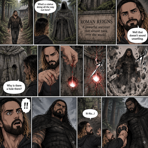 Seth Rollins was walking in the woods near his house,Then…he discovered an old statue Of a man in a cloak (Roman Reigns). “What’s a statue doing all the way out here?” Seth asked himself. He looks at the nameplate “Roman Reigns,A powerful sorcerer that almost took over the world”. “Well that doesn’t sound unsettling” Seth said to himself sarcastically. Then he noticed a hole on the statue. “Why is there a hole there?” Seth asked himself. Then….Seth somehow accidentally cut his hand. A little bit of his blood dripped into the hole,Then…..the hole started glowing,Then the statue….started to crack. Then…the statue broke apart….revealing…the sorcerer himself. Seth was shocked. The sorcerer looked down at Seth. Seth was about to scramble away…but the sorcerer grabbed His wrist before he could get away. He pulled Seth up off the ground by the wrist