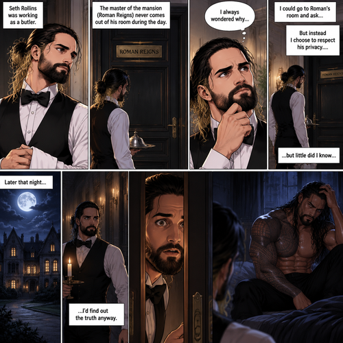 Seth Rollins was working as a butler,The master of the mansion (Roman Reigns) never comes out of his room during the day.Seth always wondered why,He could go to Roman’s room and ask…But instead he chooses to respect his privacy….but little did he know…Later that night…he’d find out the truth anyway