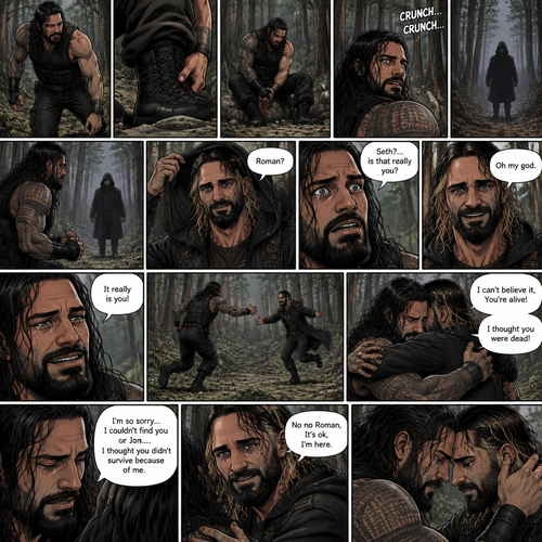 Roman Reigns is in a zombie apocalypse,He walking in the woods. He hurt his ankle while running away from a zombie horde. He’s far away from them and limping in the woods. The pain in his ankle was too much to ignore so he sat down on a rock,he sat there for a while….then….he heard distant footsteps. He looked behind him. There’s a hooded figure in the distance. He slowly stood up,he had his guard up. The hooded figure stopped walking. They were silent for a while. Then….the hooded figure took off his hood…it was….Seth Rollins. “Roman?” Said Seth. Roman’s eyes widened. “Seth?…is that really you?” Roman asked. Seth slowly smiled with joy. “Oh my god” Seth said softly. Roman slowly smiled and tears of joy welled up in his eyes. “It really is you!” Said Roman. Roman limped towards Seth while Seth runs towards Roman. They hugged each other and cried tears of joy. “I can’t believe it,You’re alive!” Seth Said through his tears. “I thought you were dead!” Roman said through his tears. After a while Roman and Seth looked at each other. “I’m so sorry…I couldn’t find you or Jon….I thought you didn’t survive because of me” said Roman. “No no Roman,It’s ok,I’m here” Seth said softly