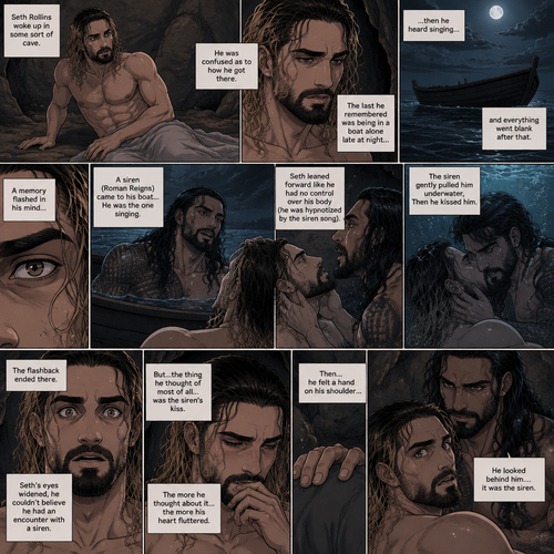 (Part 2 of the siren x human story). The next morning Seth Rollins woke up in some sort of cave,He was confused as to how he got there.The last he remembered was being in a boat alone late at night…then he heard singing…and everything went blank after that,Then….A memory flashed in his mind….A siren (Roman Reigns) came to his boat…he was the one singing. Seth leaned forward like he had no control over his body (He was hypnotized by the siren song btw). The siren gently pulled him underwater,Then he kissed him. The flashback ended there. Seth’s eyes widened,he couldn’t believe he had an encounter with a siren,But…the thing he thought of most of all….was the siren’s kiss. The more he thought about it….the more his heart fluttered,Then…he felt a hand on his shoulder…He looked behind him….it was the siren