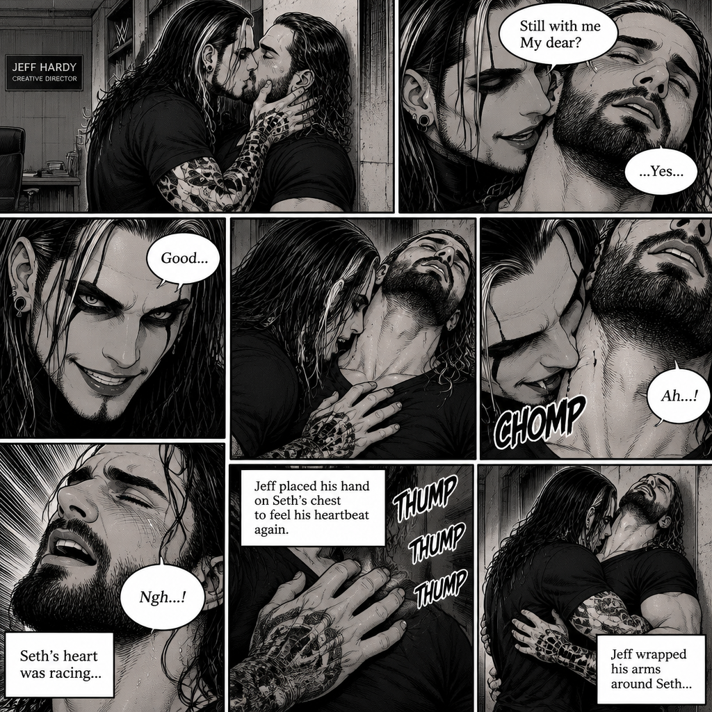 (Part 4 of the Vampire x human story). Still in Jeff Hardy’s office. Jeff was still Kissing Seth Rollins against the wall. After about a minute,Jeff pulled away. Jeff whispered in Seth’s ear “Still with me My dear?” Jeff asked softly. “…Yes…” Seth said softly. Jeff grinned. He leaned forward to Seth’s neck. Seth’s heart was racing. Jeff placed his hand on Seth’s chest to feel his heartbeat again. Seth gasped softly. Jeff gently pierced his fangs into Seth’s neck. Seth yelped softly. Jeff wrapped his arms around Seth
