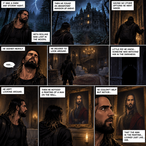 It was a dark and stormy night.Seth Rollins was lost in the woods,Then he found an abandoned mansion up ahead.Having no other options he went inside.He sighed heavily.He decided to look around,Little did he know…Someone was watching him in the darkness.He kept looking around,Then he noticed a painting of a man on the wall,He couldn’t help but notice…that the man in the painting…looked just like…him