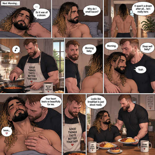 (Recap). Seth Rollins was asleep in his bed after finding out Jon Moxley A.K.A the joker had escaped the asylum on a news report,then he was woken up by a noise coming from downstairs,He grabbed a bat and walked downstairs,when He got downstairs…he noticed…one of the windows in the living room was open,He got spooked,He ran to his home phone to call the police,but before he picked up the phone….someone grabbed him from behind,“Help!” Seth yelled,The person covered Seth’s mouth,Then he whispered in Seth’s ear “shh,it’s just me baby,it’s just me”,Seth recognized the voice….It was Jon Moxley,He removed his hand from Seth’s mouth,He wrapped his arms around Seth,“I missed you so much baby” Jon said Softly,Seth dropped the bat,Then tears rolled down his face,He wrapped his arms around Jon tightly while tears were still pouring down his face as if he were afraid that Jon was gonna be taken away from him again,Jon Gently rubbed Seth’s back,“Oh baby,my poor baby,It’s ok,I’m right here,I’m not leaving you,not ever again” Jon said softly. (And now part 3). The next morning,Seth was asleep in his bed. He slowly woke up. He looked at his surroundings…Jon wasn’t there. “So It was all a dream” Said Seth. He sighed,then…he smelled something. “Why do I smell bacon?” Seth asked himself. He got up and followed the smell to the kitchen,Then…he sees Jon making breakfast while humming a tune. Seth smiled. “It wasn’t a dream after all…he’s really here” Seth said in his mind. Jon eventually noticed Seth. He smiled softly. “Morning baby” Said Jon. “Morning” Said Seth. Jon motioned for Seth to come closer. Seth came closer to Jon. Jon wrapped his arm around Seth’s waist and kissed his forehead. Seth hummed softly. “Sleep well baby?” Jon asked softly. “Yeah” Seth said softly. Jon then gently kissed Seth’s neck. Seth’s heart fluttered. Jon gently placed his hand on Seth’s chest to feel his heartbeat. “Your heart beats so beautifully for me” Jon whispered in Seth’s ear. Seth blushed. Jon chuckled softly. Jon looked at the food. “Looks like breakfast is just about ready” said Jon. Seth sat at the table and Jon put the breakfast on the table