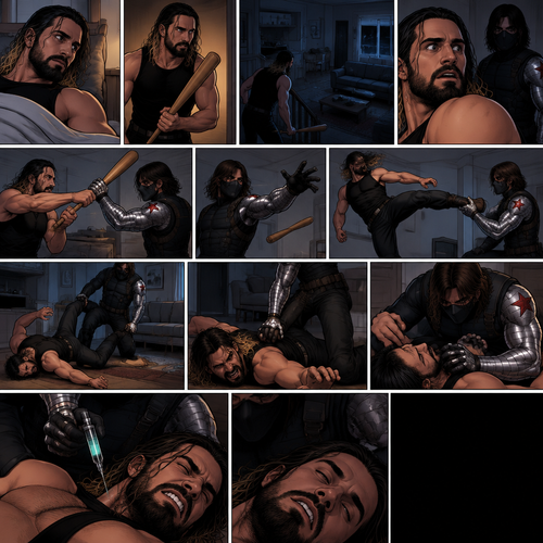 Seth Rollins was in his house about to go to bed…then he heard a noise downstairs. He grabbed his bat and went to investigate. He looked around….He sees nothing….at first. Then….he sensed a presence behind him. He swung the bat and the intruder…but the intruder caught it…with his metal arm. That’s right…it’s the winter soldier. He threw Seth’s bat away. Seth tried to ninja kick the winter soldier….but he grabbed his ankle and threw him to the ground. Then he grabbed he grabbed Seth’s ankle again and pulled him closer. Seth struggled. The winter soldier got on top of him. Seth kept struggling. The winter soldier grabbed something from his pocket and injected it into Seth. Seth tried to fight it…but he couldn’t. Everything.went.black