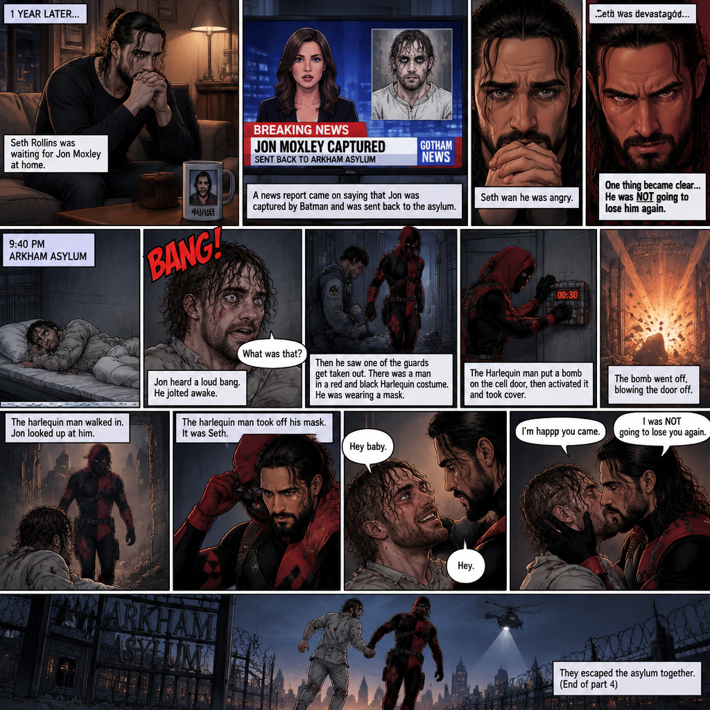 (Part 4 of the Joker x Harlequin story). 1 year later,Seth Rollins was waiting for Jon Moxley (The Joker) at home. Then a news report came on saying that Jon was captured by Batman and was sent back to the asylum. Seth was devastated…and then he was angry. One thing became clear…He was NOT going to lose him again. 9:40 pm,Jon was asleep in his padded room in the asylum…then he heard a loud Bang. He jolted awake. “What was that?” Jon asked himself,Then he saw one of the guards get taken out. There was a man in a red and black Harlequin costume,He was wearing a mask. Jon was confused. The Harlequin man put a bomb on the cell door,then activated it and took cover. Jon took cover as well. The bomb went off,blowing the door off. The harlequin man walked in. Jon looked up at him. The harlequin man took off his mask,It was Seth. Jon was happy. “Hey baby” Said Jon. “Hey” Said hey. They kissed. “I’m happy you came” Said Jon. “I was NOT going to lose you again” said Seth. They escaped the asylum together. (End of part 4)