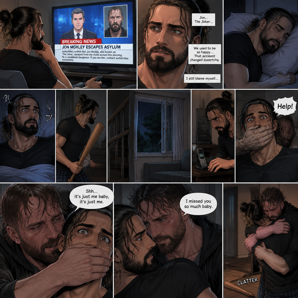 (Recap) Seth Rollins was at his house after a long day,A news report came on tv,The reporter said that Jon Moxley A.KA the Joker had escaped from the asylum that morning,Seth tensed up a bit,he and Jon used to date….then car accident happened witch messed up Jon’s mind,he started behaving erratically becoming the joker,he still loved Seth despite all that,then the cops came and took Jon away,Seth was devastated,he blamed himself ever since,he tried to move on but couldn’t. (And now part 2). Seth was asleep in his bed….then he was woken up by a noise coming from downstairs. He grabbed a bat and walked downstairs,when He got downstairs…he noticed…one of the windows in the living room was open. He got spooked. He ran to his home phone to call the police….but before he picked up the phone….someone grabbed him from behind. “Help!” Seth yelled. The person covered Seth’s mouth. Then he whispered in Seth’s ear “shh,it’s just me baby,it’s just me”. Seth recognized the voice….It was Jon. He removed his hand from Seth’s mouth. He wrapped his arms around Seth. “I missed you so much baby” Jon said Softly. Seth dropped the bat