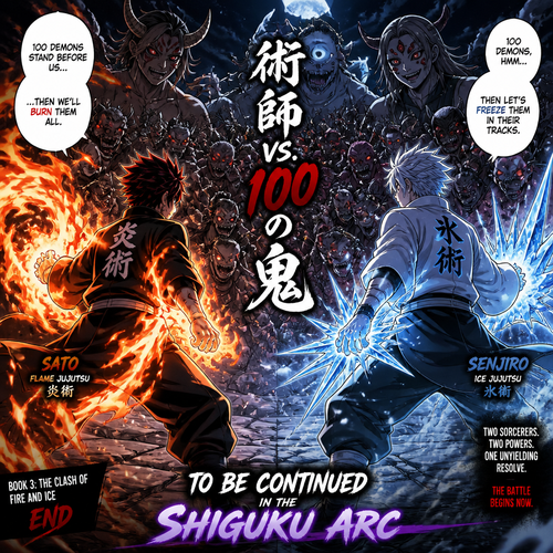Book 3 ends with sato and senjiro with flame and ice jujutsu about to fight 100 demons and it ends with to be continued in the shiguku arc 