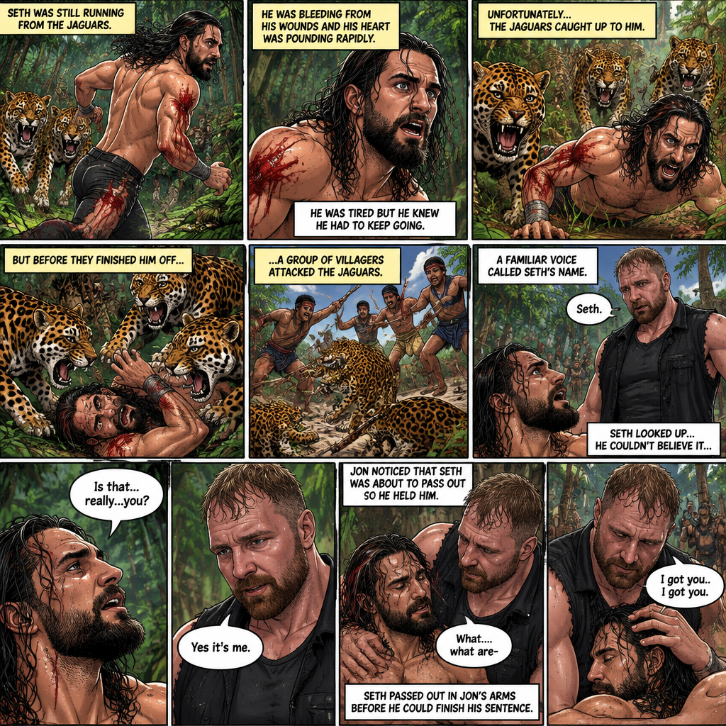 (Recap) Seth Rollins was on a cruise,then one night Thunder came,Seth got up from bed,The ship was rocking against the waves,Seth fell overboard,He swam as best he could,A wave crashed down on him,Everything went black,A few hours later,Seth woke up on shore,He was on an island,8 days have passed,He was still on the island,He walked to the jungle for more food,Then a group of jaguars attacked him,They bit him in the arm and leg,He managed to yank them off him and ran. (And now part 3). Seth was still running from the jaguars. He was bleeding from his wounds and his heart was pounding rapidly,He was tired but he knew he had to keep going. Unfortunately the jaguars caught up to him….but before they finished him off….a group of villagers attacked the Jaguars. A familiar Voice called Seth’s name. Seth looked up….He couldn’t believe it….It was Jon Moxley (He was missing for 3 months). Jon gently helped Seth stand up. “Is that….really….you?” Seth asked. “Yes it’s me” Said Jon. Jon noticed that Seth was about to pass out so he held him. “What….what are-“ Seth passed out in Jon’s arms before he could finish his sentence. “I got you..I got you” Said Jon
