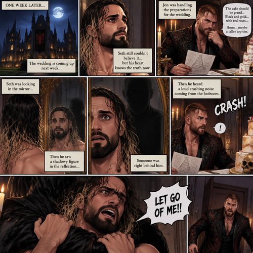 (Recap)Jon Moxley (The vampire king) and Seth Rollins (The vampire hunter…well now The bride Of Jon Moxley) were at the royal feast,Seth was stunned because Jon announced that Seth was his bride,Jon also said that the wedding would take place in 2 weeks,Seth just sat there stunned,Jon sat down and wrapped his arm around Seth and pulled him close,He gently kissed Seth’s forehead,Seth’s heart fluttered,Jon heard it and said “you’re cute,My little hunter”. (And now part 6). 1 week had passed,the wedding was coming up next week. Seth still couldn’t believe it…but his heart knows the truth now. Jon was handling the preparations for the wedding. Seth was looking in the mirror…then he saw a shadowy figure in the reflection…someone was right behind him. Jon was trying to figure out some details for the wedding cake….Then he heard a loud crashing noise coming from the bedroom,Then he heard Seth yelling “LET GO OF ME!!”