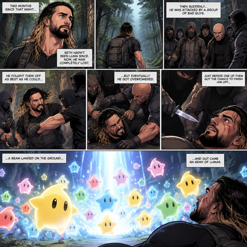 (Part 2 of the Seth Rollins x Princess Rosalina story). It had been two months since that night. Seth hadn’t seen Luma since. He was walking in the woods completely lost. Then suddenly….he attacked by a group of bad guys. He fought them off as best as he could…but eventually he got overpowered. Just before one of them got the chance to finish him off…a beam landed on the ground…and out came an army of Lumas